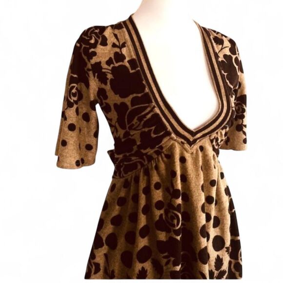 Vintage Forever 21 Y2K Neutral Tan & Black Mixed Media Knit Babydoll Mini Dress - Picture 8 of 9